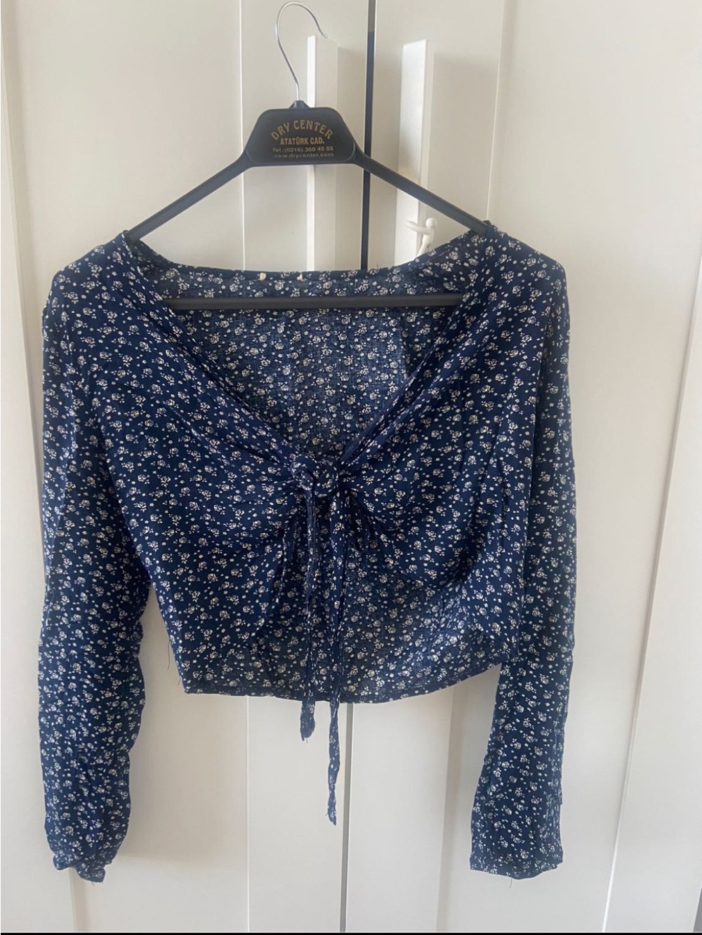 Navy Tiny Floral Tie-Front Long Sleeve Blouse